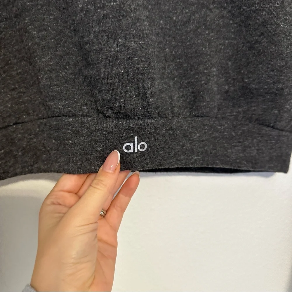 ALO Yoga Elite Long Sleeve Crop Top Sweatshirt Fleece Lined Charcoal Size Small